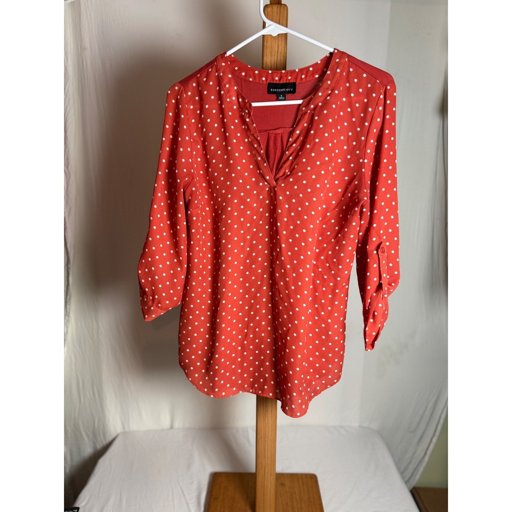 Fortune‎ + Ivy Red Polka Dot Roll Tab Sleeve Split V-Neck Blouse Small